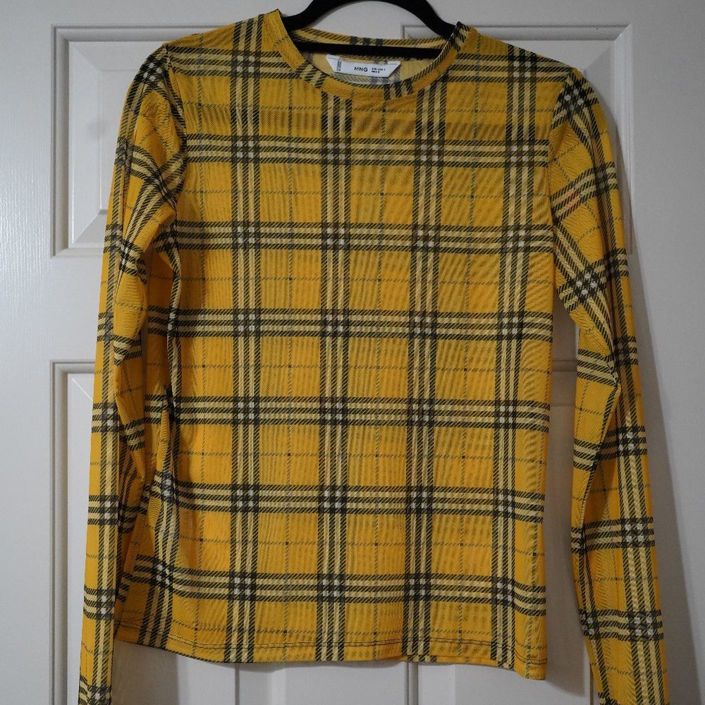Mango yellow plaid mesh mockneck top size large Cher